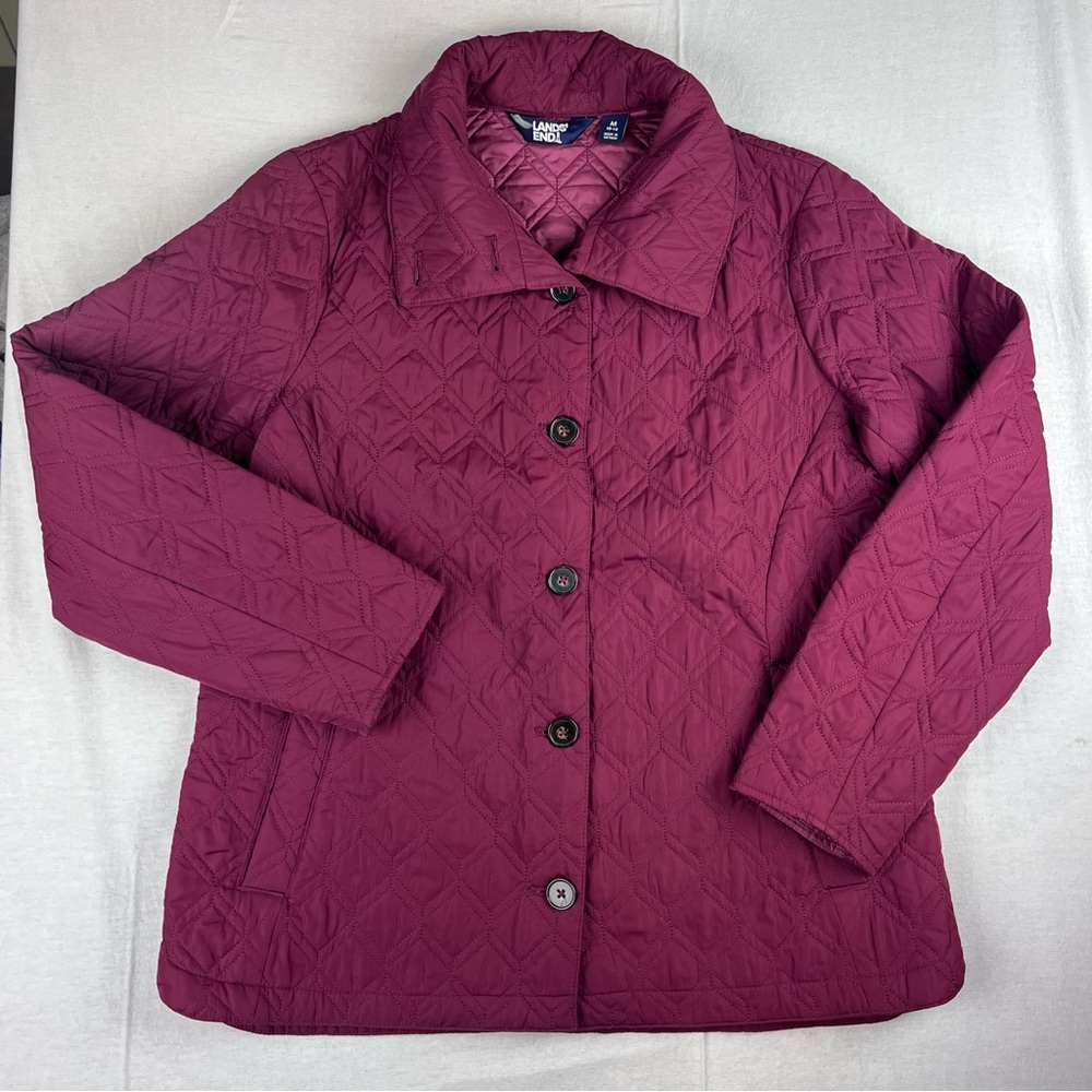 Lands End Womens Red M Quilted Primaloft Button Up Jacket Packable w Small Bag